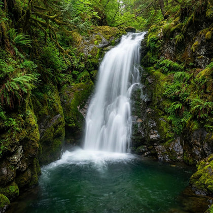 Waterfall Wall Art canvas print, a tall waterfall falling into a green plunge pool