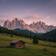 Dolomites Wall Art canvas print, the Dolomites, pale jagged limestone towers glowing pink at sunset above green alpine