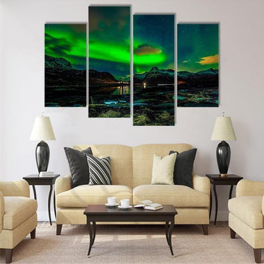 Scandinavian wall art canvas print of aurora borealis over snow covered mountains