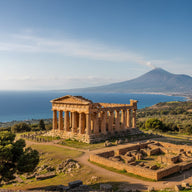Sicily Wall Art canvas print, a Greek temple of weathered golden columns on a hillside with the sea and Mount Etna beyond