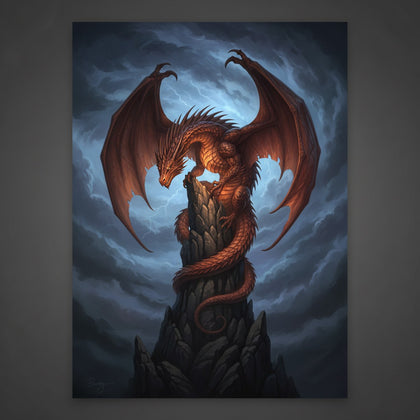 Dragon Wall Art canvas print, a great scaled dragon coiled around a rocky spire