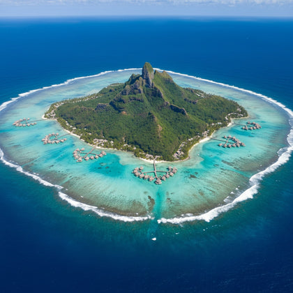 Bora Bora Wall Art canvas print, the jagged green volcanic peak inside a brilliant turquoise ring lagoon with overwater