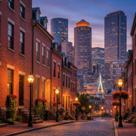 Boston Wall Art canvas print, red brick row houses with gas lamps and window boxes