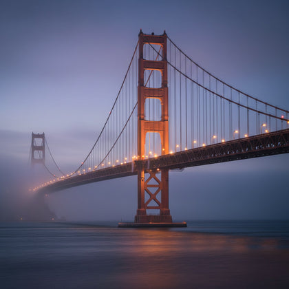 Bridge Wall Art canvas print, a great suspension bridge in low mist, main cables sweeping between towers