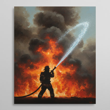 Firefighter Wall Decor canvas print, firefighting, a firefighter silhouetted against orange flame and smoke with a raised