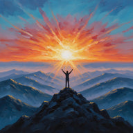 Motivational Wall Art canvas print, an uplifting artwork, a lone figure silhouetted at the summit of a peak with arms raised