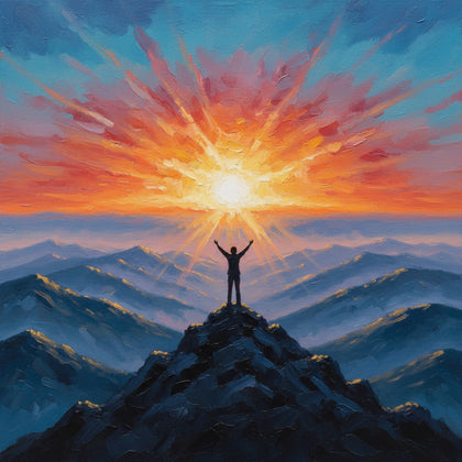 Motivational Wall Art canvas print, an uplifting artwork, a lone figure silhouetted at the summit of a peak with arms raised