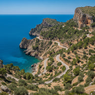 Mallorca Wall Art canvas print, a hairpin coastal road above turquoise coves and limestone cliffs with pine and olive