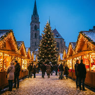 Christmas Wall Art canvas print, a European Christmas market square at blue hour