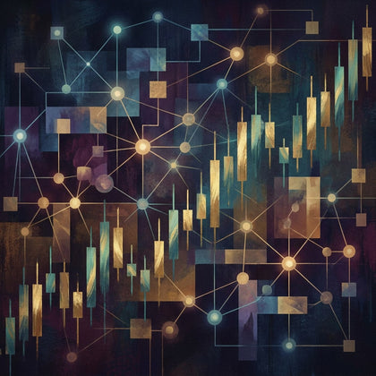 Cryptocurrency Wall Art canvas print, a digital finance artwork, an abstract network of glowing nodes and chained blocks