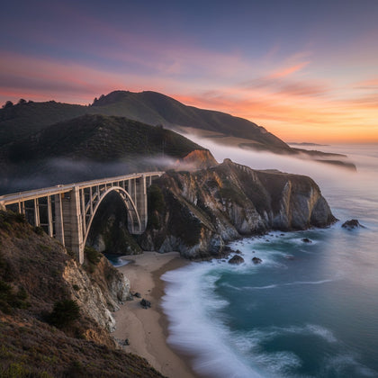 Big Sur Wall Art canvas print, the arched coastal bridge and rugged cliffs above the Pacific with fog rolling in at sunset