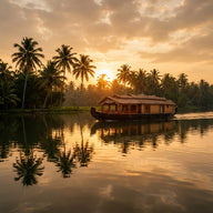 Kerala Wall Art canvas print, a traditional houseboat on the palm-lined backwaters at sunset