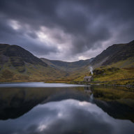 Wales Wall Art canvas print, Snowdonia in Wales, a glacial valley of green and slate gray with a still lake and a stone
