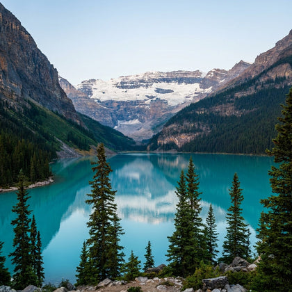 Lake Louise Wall Art canvas print, Lake Louise in Banff, brilliant turquoise glacial water leading to a hanging glacier