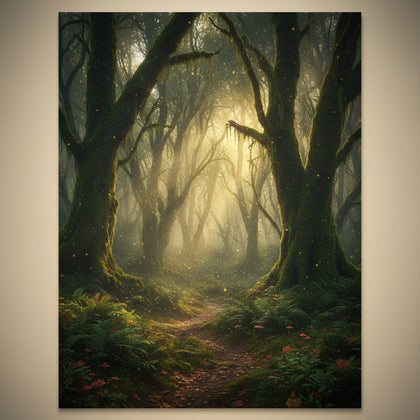 Enchanted Wall Art canvas print, an enchanted forest scene, shafts of low golden light through ancient mossy trunks