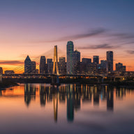 Dallas Wall Art canvas print, the skyline at dusk with the lit suspension bridge over the Trinity river in the foreground