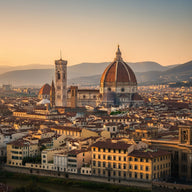 Florence Wall Art canvas print, the terracotta duomo dome and bell tower above the tiled roofs of the old city at golden hour