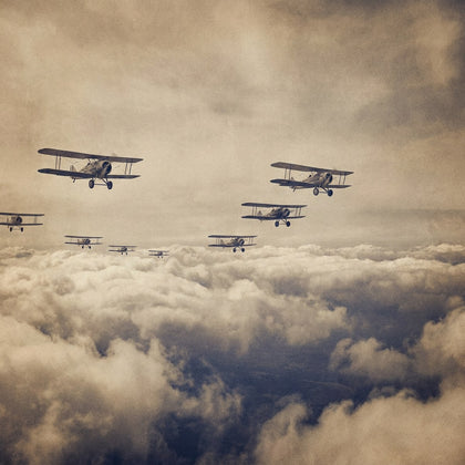 World Wars Wall Art canvas print, the world wars, vintage aircraft in formation over a cloud bank rendered in aged sepia