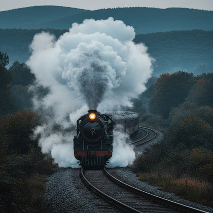 Train Wall Art canvas print, a steam locomotive on a curved track, plume of white steam against dark hills