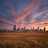 Illinois Wall Art canvas print, the Chicago skyline at dusk beyond wide open prairie grassland