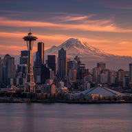 Seattle Wall Art canvas print, the observation tower and downtown skyline with the snow cone of Mount Rainier looming behind
