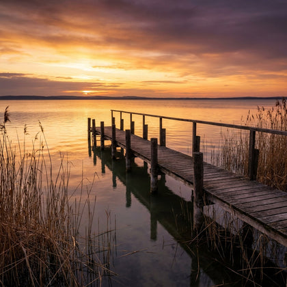 Lake Balaton Wall Art canvas print, Lake Balaton in Hungary at sunset, wide shallow water and a fringe of reeds