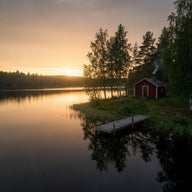 Lake Finnish Wall Art canvas print, a Finnish lake at midnight sun, still dark water fringed with birch and pine