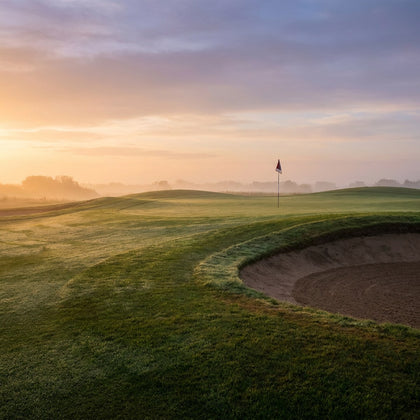 Golf Wall Art canvas print, a golf hole at dawn, dew on the fairway