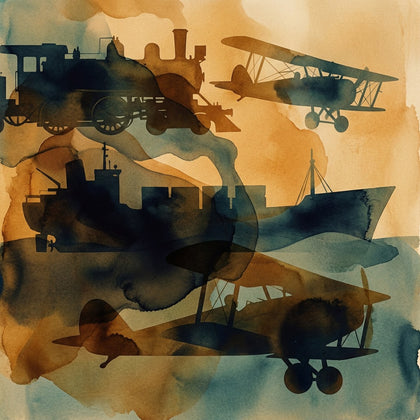 Transportation Wall Art canvas print, a train, a ship and an aircraft rendered together as layered graphic silhouettes