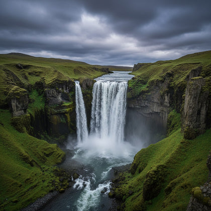 Iceland Wall Art canvas print, a powerful waterfall falling over black basalt into a green mossy canyon under a moody sky