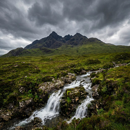 Isle Of Skye Wall Art canvas print, the Isle of Skye, the jagged black Cuillin ridge above green moorland with a waterfall