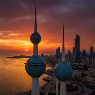 Kuwait Wall Art canvas print, Kuwait City, the blue-tiled spheres of the Kuwait Towers against a warm gulf sunset