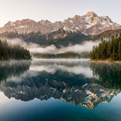 Lake Wall Art canvas print, a still alpine lake at dawn, perfect mirror reflection of the surrounding peaks