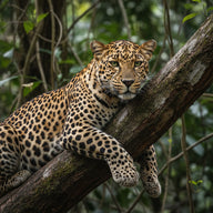 Leopard Wall Art canvas print, a leopard draped along a thick branch, rosette-patterned coat