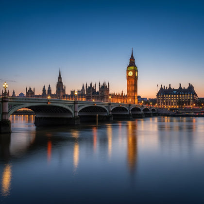 London Wall Art canvas print, the clock tower and Parliament along the Thames at blue hour with the bridge lit