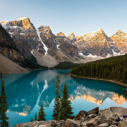 Lake Moraine Wall Art canvas print, Moraine Lake in Banff, intensely turquoise water below the Valley of the Ten Peaks