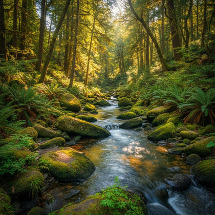 Nature Wall Art canvas print, a fine art nature photograph, a sunlit clearing where a stream runs between mossy stones