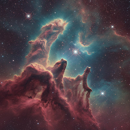 Nebula Wall Art canvas print, a vast emission nebula, towering pillars of glowing hydrogen gas in crimson