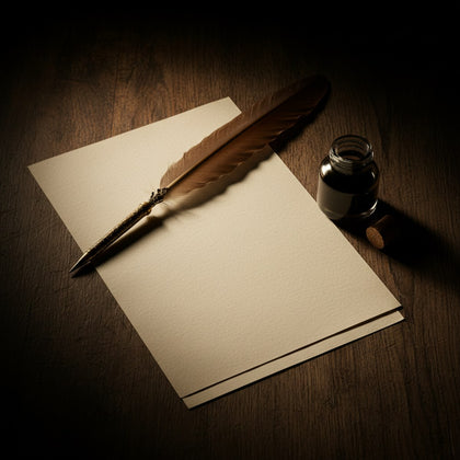 Quotes Wall Art canvas print, a vintage quill pen laid across a folded sheet of blank cream paper beside a glass inkwell