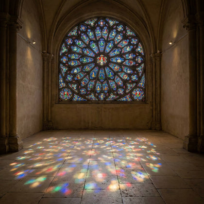 Religious Wall Art canvas print, light through a tall stained glass rose window