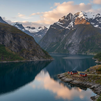 Norway Wall Art canvas print, a deep fjord between sheer cliffs with a red timber cabin on the shore and snow peaks above