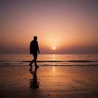 Silhouette Wall Art canvas print, a single walking figure reduced to a solid dark shape on an open shoreline