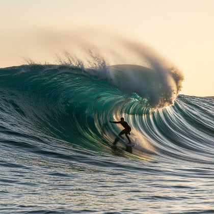 Surfing Wall Art canvas print, a surfer inside the barrel of a large turquoise wave