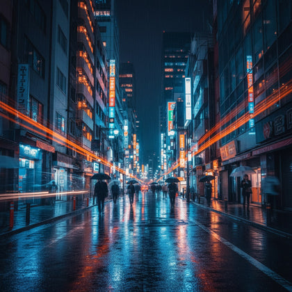 Tokyo Wall Art canvas print, Tokyo at night, a dense neon-lit street canyon in the rain with reflections on the asphalt