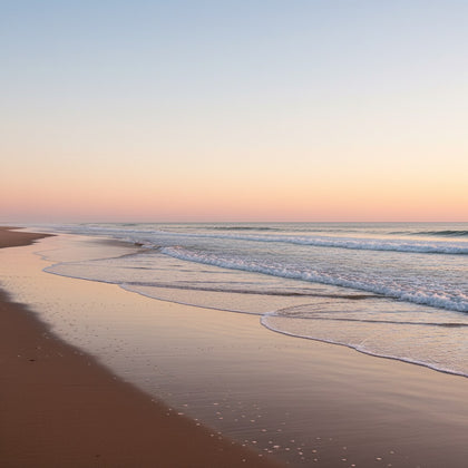 Beach Wall Art canvas print, a wide empty beach at low tide, wet sand mirroring a pastel sky