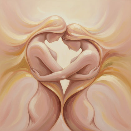 Love Wall Art canvas print, two abstract figures leaning together under a soft blush and gold light