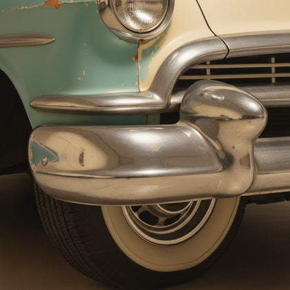 Vintage Cars Wall Art canvas print, a nineteen fifties classic car, chrome bumper and whitewall tyre in close crop