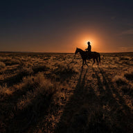 Western Wall Art canvas print, a lone rider on horseback in solid dark profile crossing open dry scrubland