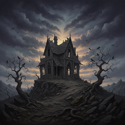 Horror Scenes Wall Art canvas print, a gothic horror scene, a lone derelict house on a bare hill under a bruised sky