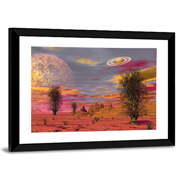 Alien Desert with Ringed Planet and Cratered Moon Canvas Wall Art
